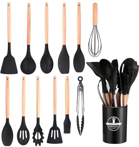 Kitchen Utensils Set, 12 PCS Silicone Cooking Utensils with Holder(Black) | Heat and Non-Stick with Wooden Handle, Cooking Stirring Tools