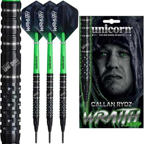 Unicorn Juego de dardos de punta suave | Callan 'The Riot' Rydz | Wraith | Barriles de 90% tungsteno | Vuelos ultrafly duraderos e impresionantes | Puntos épicos | 19 g
