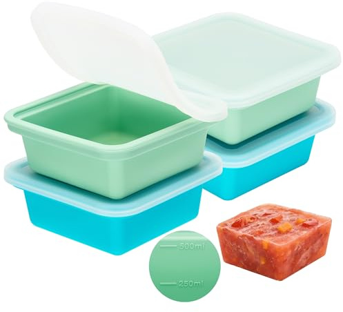 4er-Pack Silikon Gefrierform mit Deckel, je 500 ml (2 Cups), Gefrierbehälter für Suppe, Eintöpfe, Saucen, Meal Prep & große Eiswürfel, BPA-frei, lebensmittelecht, stapelbar