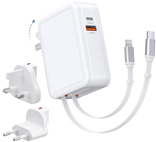 65W Wall Charger with Dual Retractable Cables,4 in 1 USB C Plug Travel Essentials Brick,2.6ft Lightening+Type C Cables,Multiport Fast Charging Block for iPhone 17/16/15,iPad,MacBook Pro