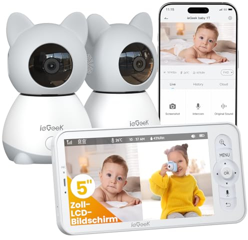 ieGeek 2K Babyphone mit 2 Kameras, 5 Zoll WLAN Video Babyfon mit Nachtsicht, Zwei-Wege-Audio, Weinenerkennung/Bewegungserkennung, PTZ & Smartphone App