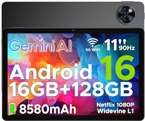 DOOGEETab U11 Android 16 Tablet 11 Pollici Gemini AI 16GB RAM +128GB ROM (2TB TF) 8580mAh,Unisoc T7200 Octa-Core 13MP+5MP Gaming Tablet PC WIFI 5/ GMS/ WidevineL1/GPS/Face ID/OTG/ 3.5mm Audio,Nero