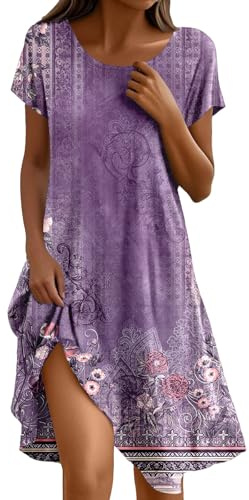 Dresses for Women UK Elegant, Women's Summer Dress,Flowy Casual Floral Print for Everyday Wear Parties Loose Fit Comfortable Spring A-Line V-Neck Dress for Ladies