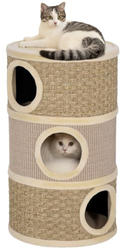 PawHut Tonneau à Gratter pour Chat Peluche 45 x 45 x 79 cm Kaki et Café | Arbre à Chat, Sisal Naturel et Herbiers Marins