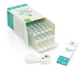 LENZERA Kombilösung Reisegröße 15 x 10ml Monodosis Ampullen + Behälter, 150 ml ideales Reiseset, Reinigungsmittel mit Etui zur Aufbewahrung, Handgepäck Flugzeug konform, All in One