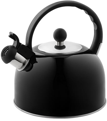 Venoly 2.5 Liter Whistling Tea Kettle - Modern Stainless Steel Whistling Tea Pot for Stovetop Hot Water Boiler with Cool Grip Ergonomic Handle (Black, 2.5 Liter)
