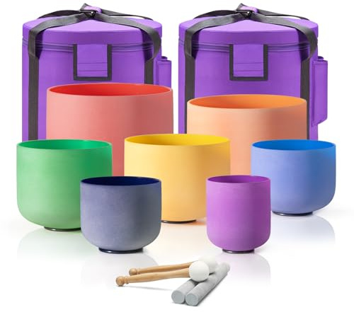 CVNC Set Of 7 PCS 440HZ 6-12 Inch Colored Frosted Chakra Quartz Crystal Singing Bowls Sound Healing Instrument with 2 PCS Travel Carry Case Bag for Meditation