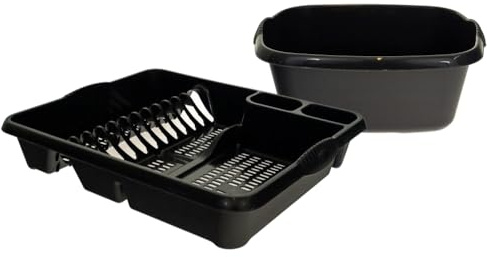 Galleries Rectangular Washing Up Bowl With Large Dish Drainer Plastic Kitchen Sink Tidy Plate Holder - Mid-night Black (Darkish Grey)