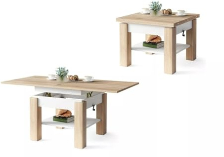All4All Multifunktionaler Couchtisch Claris - Wohnzimmertisch Kaffeetisch – kompakte Größe - 130x75 cm – Höhenverstellbar – platzsparend – Sonoma Eiche + WEIß 05