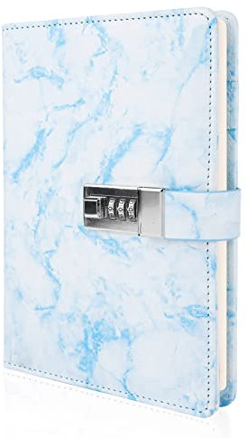 Mousbull Marble Diary with Lock, Refillable A5 Daily Journal for Girls and Women, 192 Pages Cute Notebook with Combination Lock for Teen Girls and Boys - Blue