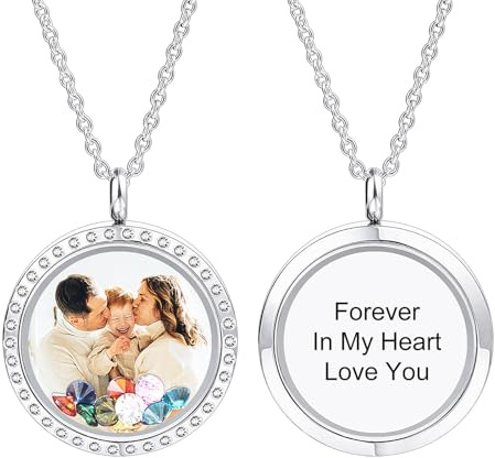 INBLUE Personalizzato Galleggiante Collana per Donna Inciso Foto/Testo Ciondolo Rotondo Acciaio Inox e Vetro con Pietra di Nascita Regalo di Memoria per Anniversario Compleanno (B1 - Colori)