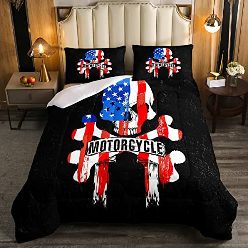 Juego de ropa de cama para motociclistas para niños y niñas, con bandera americana, diseño de calavera, para motociclistas, esqueleto, edredón de plumas de deportes extremos, tamaño king, 3 piezas