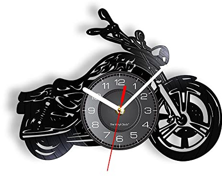 Smotly Vinyl Wanduhr Motorrad Form mit LED Nachtlicht Funktion Wanduhr Geschenk für Autoliebhaber Wohnkultur (Schwarz)