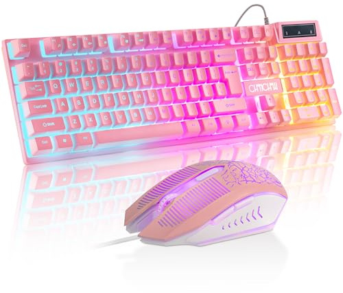CHONCHOW Pink Gaming Keyboard and Mouse Combo with LED, 104 Keys Wired Light Up Pink Keyboard and Cute Mouse Set for PC Laptop Computer PS4 PS5 Xbox, 19 Keys Anti-ghosting, Multimedia Keys, Number Pad
