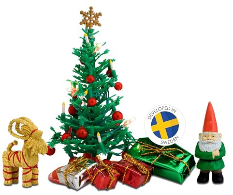 LUNDBY Puppenhaus Weihnachtsbaum mit Lichtern LED + Santa — 7-teilig Puppen Haus Zubehör — Puppen Haus Möbel für 11cm Mini Puppen — Alter 4+ Maßstab 1:18