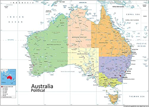 I MAPS Politische Karte von Australien, Größe A2, 59,4 x 42 cm, laminiertes Papier