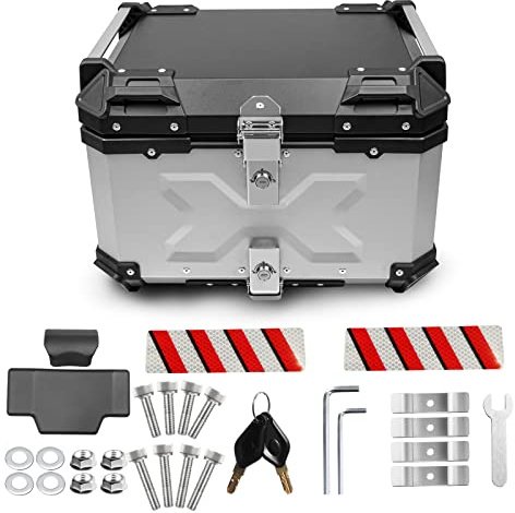 Donpida Universal Motorcycle Top Case,55L Motorbike Tail Box Trunk Tour Storage Carrier Case with Backrest, Security Lock and Handle for Helmet Luggage,Sliver