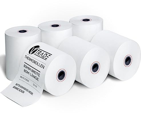 V1 Trade Thermorollen 80mm x 80m x 12mm (6 Stück) - Kassenrollen 80mm Thermo für Registrierkasse - EC Rollen aus Thermopapier 42 g / m2 - Bonrollen Thermo 80mm für Bondrucker
