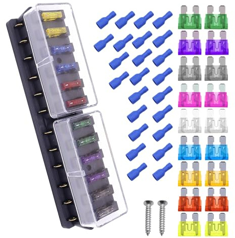 HISports 12 Fach Sicherungshalter,KFZ Standard Bsicherungsdose,12V/24V | KFZ Sicherungskasten ATO Blade Sicherungsblock mit 24 Sicherung(2A,3A,5A,7.5A,10A,15A,20A,25A,30A,35A) für Auto Boot Marine