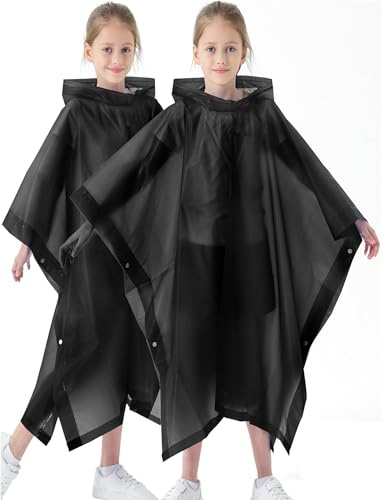 Borogo 2 Pack Raincoats for Kids, Kids Rain Jacket Reusable Emergency Rain Ponchos with with Big Hood Rain Coats for Boys and Girls Black