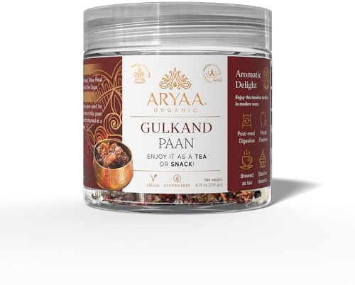Aryaa Organic Gulkand Paan l 8.75oz (250g)| Herbal Tea & Digestive Snack | | Shredded l 100% Natural, Vegan, Gluten-Friendly | Sound-Infused, Non-GMO | Authentic Indian Delight | Perfect for Sipping or Snacking