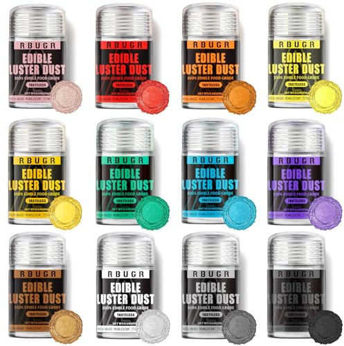 RBUGR Luster Dust Edible, 12 Colors Edible Glitter Pack, Cocktail Food Glitter Edible Dust, Vegan Edible Shimmer, Drink Powder for Cakes Cookies Chocolates Baking（4g/0.14oz）