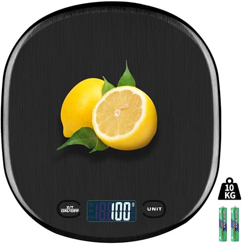 Küchenwaage Digital, 10KG Waage Große Wiegefläche Digitale Küchenwaage Professionelle Haushaltswaage zum Backen und Kochen, Lebensmittelwaage mit LCD Display & Tara Funktion, 1g genau - Schwarz