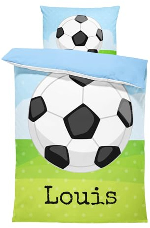 Personalisiertes Kinderbettwäsche Set mit Fußball, 100 x 135 cm – Sport Grafiken Baby Bettwäsche mit Namen – Wählbare Unterfarbe aus Baumwolle – Babybett Komplettset – Bettbezug & Kissenbezug