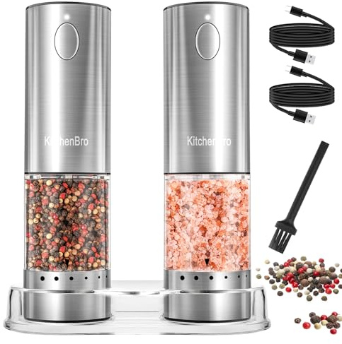 Electric Salt and Pepper Grinder Set 6 Levels Adjustable Coarseness Refillable Stainless Steel Auto Salt and Pepper Grinder Mill USB Rechargeable with Lights