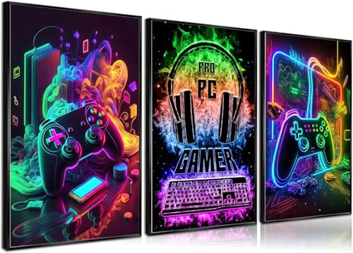 PPV Coole Gaming-Wandkunst im Retro-Stil: Buntes Neon-Gamepad als Aquarell-Poster. Perfekt für Jungenzimmer, Kinderzimmer, Spiel- und Schlafzimmer. 3er-Set, 30,5 x 40,6 cm