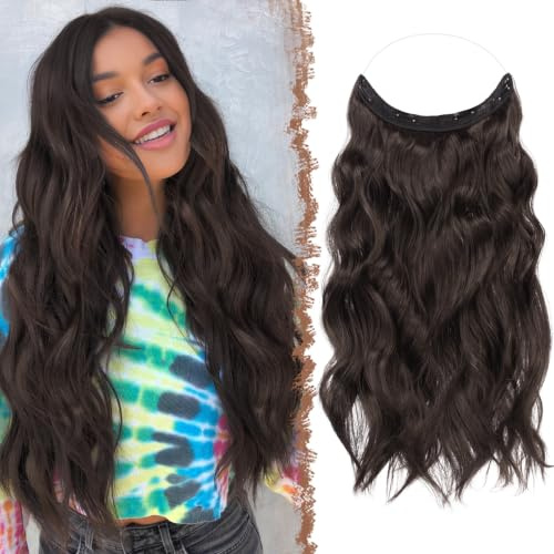 FESHFEN Secrets Haare Extensions Lange Gewellt Haarverlängerung Invisible Secret Haarextension Synthetik Haare Unsichtbarem Haarteile für Frauen Schokoladenbraun Gemischt Dunkelbraun 50 cm