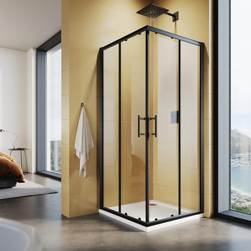 SUNXURY Cabine de douche 90 x 90 x 195 cm - Entrée d'angle avec double portes coulissantes - Cadre noir - Verre de sécurité de 5 mm (ESG) - Montage transparent sur receveur de douche ou carrelage