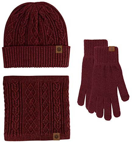 Wintermütze, Schal, Handschuhe, Set, Fleece, warm, gestrickt, Halswärmer, Wolle, Thermokappe, Outdoor-Sport, Skifäustlinge, Herren, Damen, Handschuhe, Schal, Mütze, wein, One size