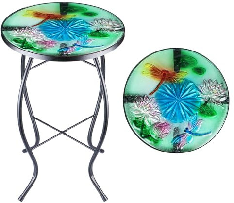 MUMTOP Beistelltisch für Terrasse, Mosaik, für den Außenbereich, 35,6 cm, Libelle und Lotusglas, runder Beistelltisch, Pflanzenständer, kleiner Couchtisch für Garten oder Wohnzimmer, 35,6 cm