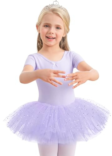 Aiseyi Vestido de ballet para niña con lentejuelas, tutú de ballet para niños, algodón, vestido de baile de manga corta, traje de ballet, vestido de bailarina, tutú, morado, 130