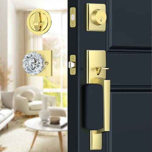 Calzibeno Gold Haustürgriff und Riegel Set, Kristallglas Türknauf, Einzylinder, Wendbar für Rechts & Links