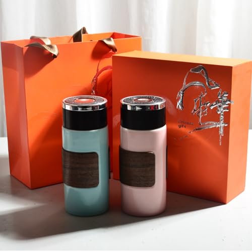Tasse isotherme en céramique personnalisée, tasse à eau en céramique ouverte à une touche, texte personnalisé/logo/code QR, avec anneau en bambou et bois résistant à la chaleur, 12 oz/340 ml (deux