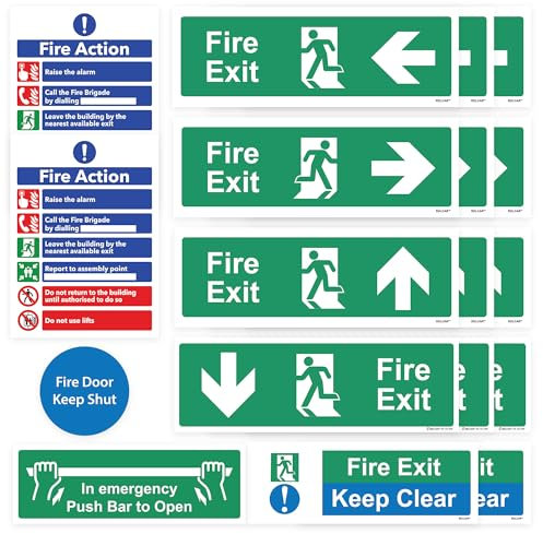 RDLCAR Fire Exit and Safety Signage Set of 18 Adhesive Stickers Durable Fire Door Keep Shut Emergency Exit Signage High Visibility Self Adhesive for Commercial and Home Safety Compliance
