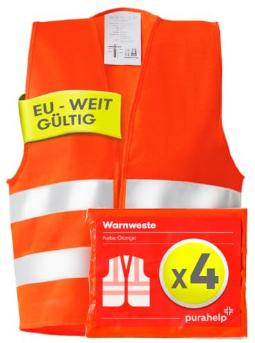 PURAHELP Warnwesten Auto 4er Set Europaweit gültig nach EN ISO 20471 - Reflektierende Warnweste Auto - Sicherheitsweste Auto Warnweste Orange - Warnschutzweste - Sicherheitswesten für Erwachsene