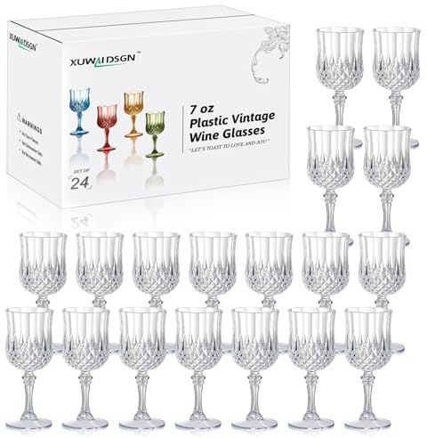 XUWAIDSGN 24 Pcs 7oz Plastic Vintage Wine Glasses Drinking Glasses Unbreakable Wedding Glassware Crystal Water Goblets Reusable Drinkware Vintage Champagne Flutes (24, Clear)