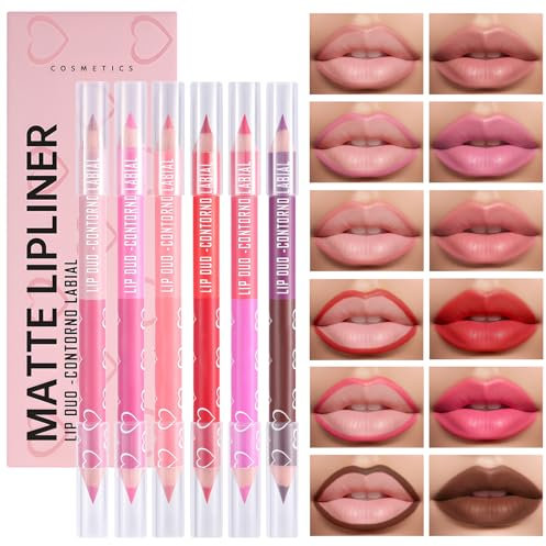 Prreal 12 Colors Matte Lipstick Lip Liner Set, 6PCS Double-end Lip Liner Pencil Set, Velvet Lip Liner Waterproof, Smooth Highly Pigmented Lipstick Lip Makeup