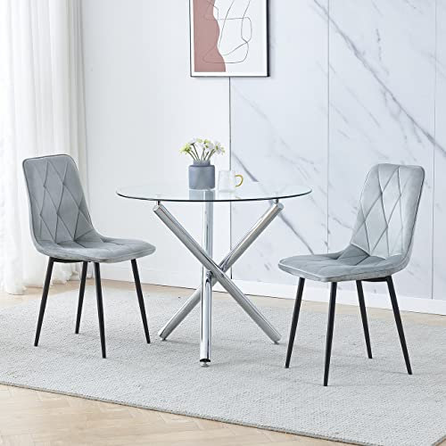 Moderno juego de mesa de comedor de cristal de 3 piezas con 2 sillas de terciopelo, mesa de cocina de espacio pequeño para 2 personas, mesa redonda transparente, ideal para restaurantes y hogares