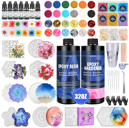 Epoxidharz-Set für Anfänger, 900 ml, Harz-Set mit Untersetzer-Formen, komplettes Zubehör enthält Pigment, Glimmerpulver, getrocknete Blumen, Glitzer, Messbecher und andere Harzprodukte