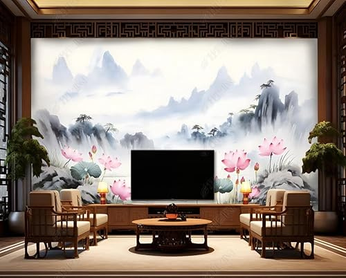 Papier Peint Intissé Style De Paysage À L'Encre De Lotus Poster Tableaux Muraux Tapisserie Photo Trompe L'Oeil Salon Chambre Art Mural 250Cm(L) X175Cm(H)