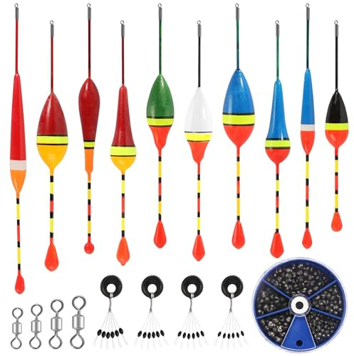 YGKYMVW Posen Angeln Set, 10 Pcs Schwimmer Angeln 4 Pcs Gummistopper Angeln 4 Pcs Wirbel Angeln 205 Pcs Bleischrot Angeln, Fishing Posen Set für Unterschiedlich Große Fischarten in Seen Oder Teichen
