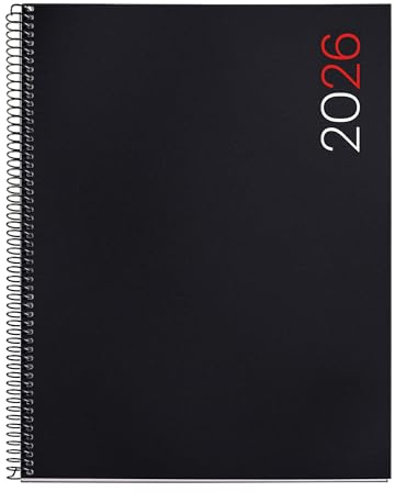 Miquelrius - Agenda 2026 día por página, Más pequeña que A4 (210 x 270 mm), Cubierta flexible polipropileno, Espiral, Papel 80 g/m², Planificador diario, Español-EN-PT, Color negro