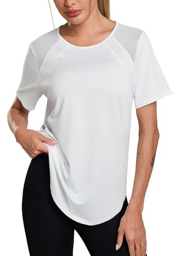 Terecey Women's UV Shirt Short Sleeve Crew Neck Sports T-Shirt Lightweight Breathable Yoga Tops Basic Cutout Open Back Athletic Blouse for Summer, White XXL