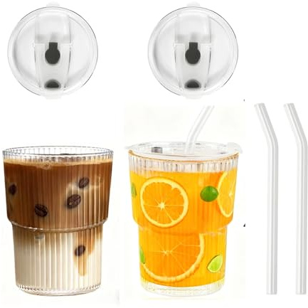 400ML Iced Coffee Cups With Lids and Straws 2 Pcs, Unbreakable Glasses Drinking Set, Tumbler Cups Reusable Iced Coffee Glass Tumbler with Lid and Straw, Cup for Iced Tea, Juice, Water, Dishwasher Safe