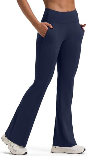 PERSIT Bootcut Yoga Pants for Women with Pockets High Waist Womens Flared Leggings Wide Leg Bottom Bootleg Workout Gym Business Casual Work Flare Trousers UK - 30 Inches Navy Blue M