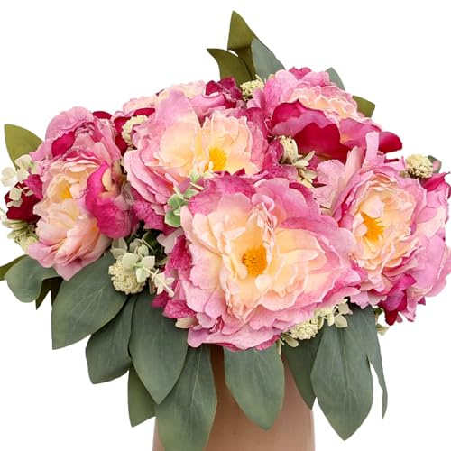 KP HOME Blumenstrauß künstlich aus Rosa-Violett Pfingstrosen – Deko Kunstblumen Wie Echt mit 12 Blüten - 40 cm Hohe Seidenblumen für Innen & Außen, Tischdeko, Hochzeiten, Events oder Grabgestecke